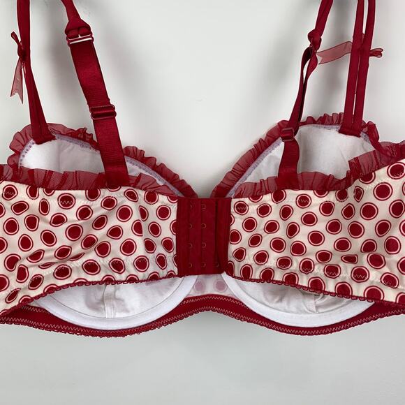 Cacique Polka Dot Bra 40F, white red, lace + bow 40DDD - Picture 5 of 11